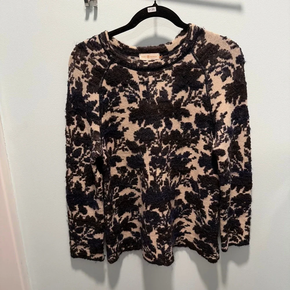 Tory Burch Sweater Floral Jacquard Navy Cream Medium Mohair Blend Work Office